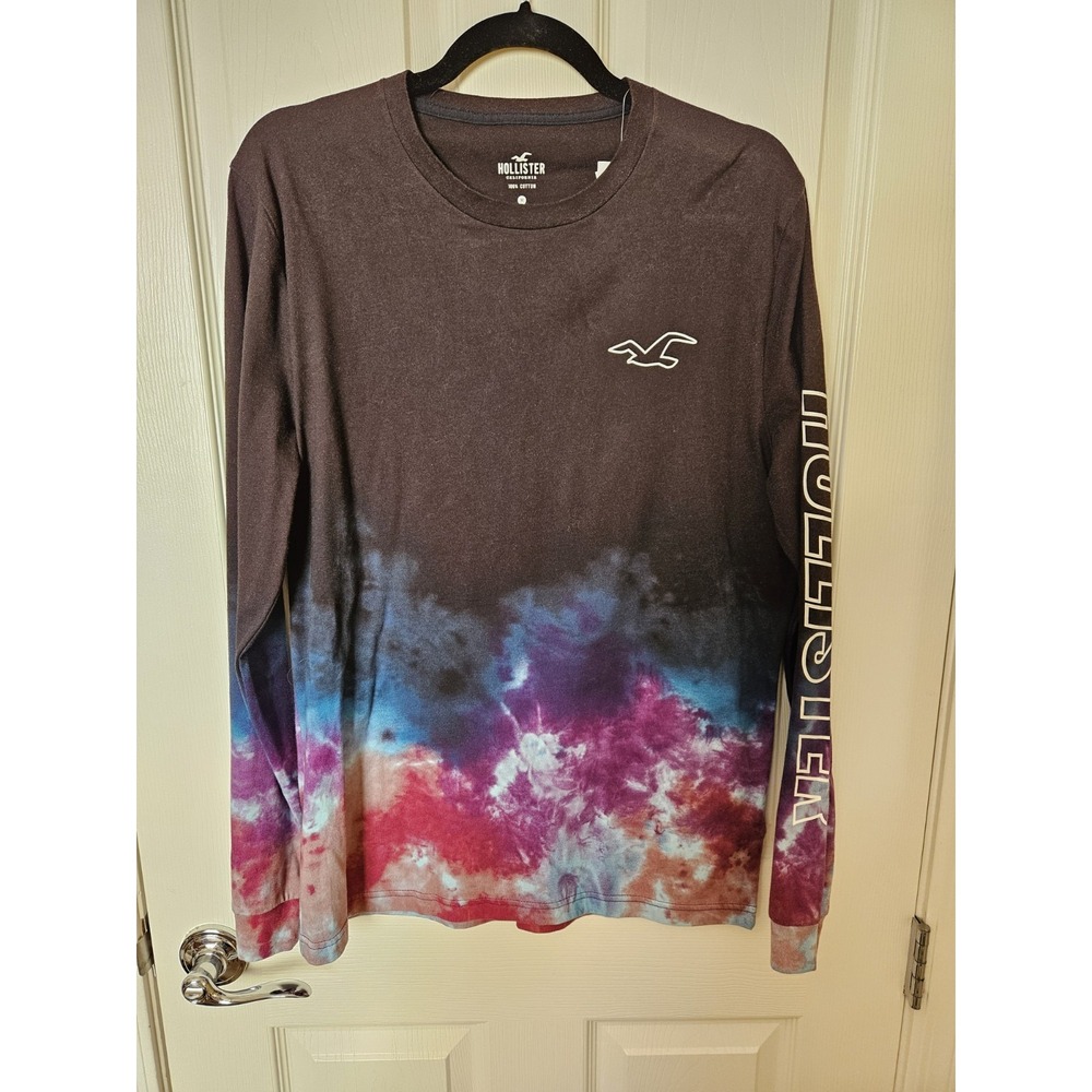 NWT Hollister Men's Black Long Sleeve T-Shirt With Multi-Color Tie-Dye, Med.
